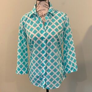 JCPenny Aqua Diamond Pattern 3/4 Sleeve Cotton Silk Blouse Top Women’s XS